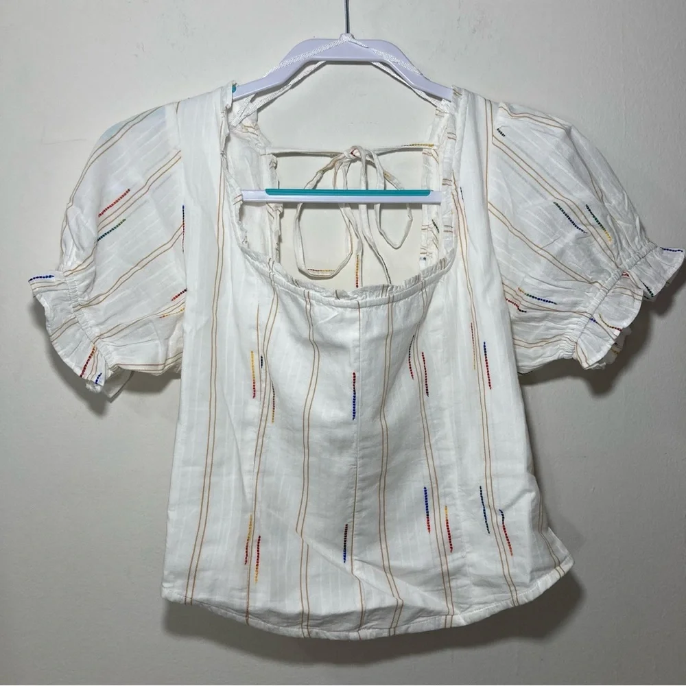 Free People Serotonin Corset Top White Puff Sleeve Top Colorful Rainbow Stitches